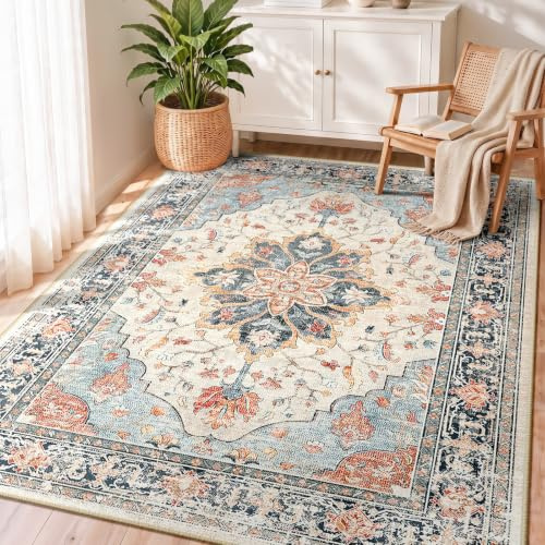 INOVADAY Rugs Living Room 90x150 cm Washable Rug Beige/Blue/Orange