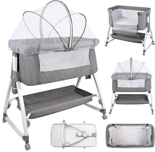 homewell Beistellbett Baby,Bett Bassinet/Babybett/Babywiege, Zustellbett 6 Fach Höhenverstellung und Neigungsverstellung, Faltbare Seitenwand für Zuhause und Unterwegs (Grau)