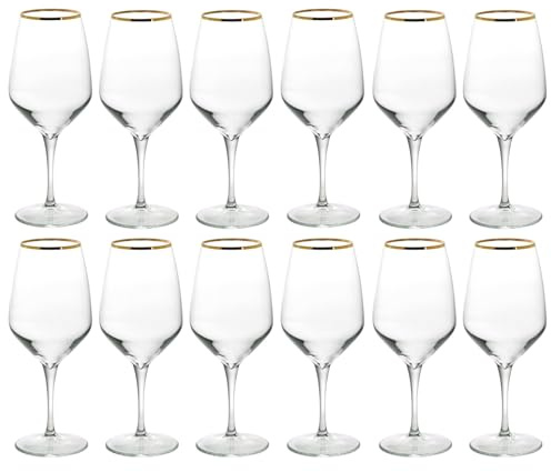 Queensway Home & Dining Gold Rim Wine Glasses & Champagne Flutes Set - Luxury Long-Stem Glassware for Red, White & Sparkling Wine - Elegant Goblet Collection for Weddings, Parties & Home Entertaining