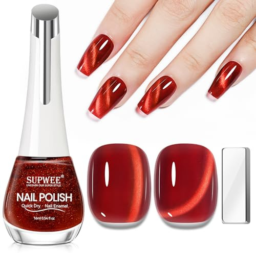 SUPWEE Rot Magnet Nagellack, 16ML Glossy Quick Dry Cat Eye Nail Polish | Holografischer Glitzer Nail Polish mit Magnet Ohne UV Lampe DIY Nageldesign für Frauen Mädchen