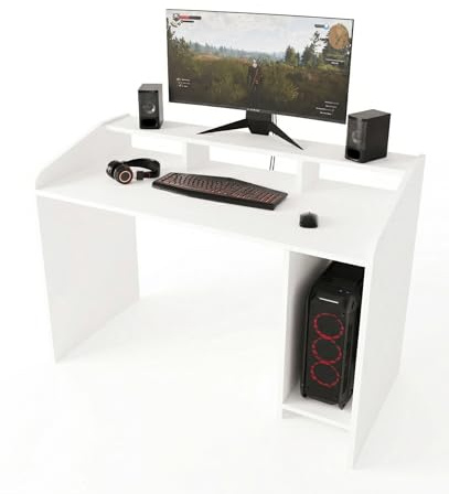 Gaming Desk 117cm with Monitor Shelf – Modern Computer Desk for PC, Gaming & Home Office, Wooden Gaming Desk Table with Storage Shelves for Bedroom, Workstation Desk for Small Spaces (White, Nova)