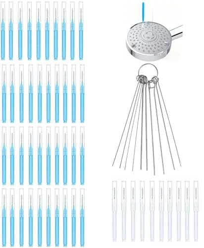 50pcs Shower Head Cleaning Brushes, 2 Designs Shower Head Cleaner Tools, & 10 Multi-Sized Unclogging Needles Anti-Clogging Cleaning Brush for Bathroom Small Hole Gap Nozzle Window Slot (Blue, White)