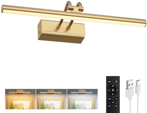 Battery Operated Picture Light for Wall, 4000mAh Cordless Wall Lamp for Painting Photo Artwork , Remote Control, Magnetic for Easy to Charge,Timers, 13.8'' Display for Gallery Living Room Bedroom Gold