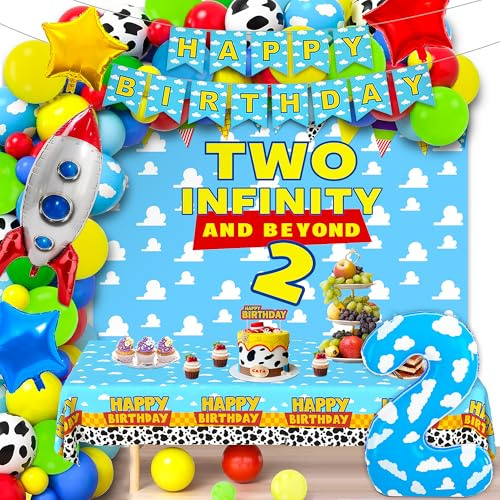 Two Infinity and Beyond Birthday Decorations Toy Inspired Story Balloons Arch Garland Kit Tablecloth Backdrop for Baby Shower Decorations Happy Birthday Party Supplies