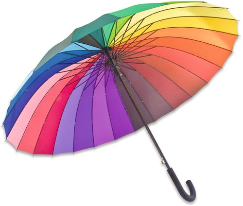 Extra Large Multicolour 24 Rib Wind-Resistant Umbrella - Colourful Windproof Rain Protector Canopy with 24 Spokes, Soft Grip Crook Handle & Push Button Opening - Measures L93 x 115cm Diameter