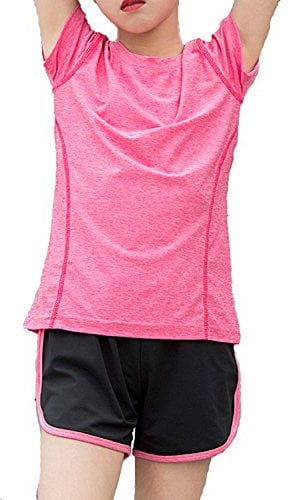 Echinodon Mädchen Sport-Set Schnelltrockend Shirt + Shorts Anzug für Yoga Jogging Training Rosa 150