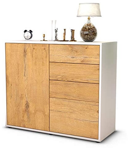Stil.Zeit Sideboard Celestina, Korpus Weiss matt, Front Holz-Design Eiche (92x79x35cm) Push-to-Open Technik & Leichtlaufschienen