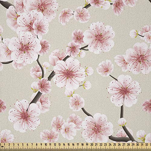 ABAKUHAUS asiatisch Stoff als Meterware, Flowering Cherry Blooms, Microfaser Stoff für Dekoratives Basteln, 1M (230x100cm), Beige Puder Rosa