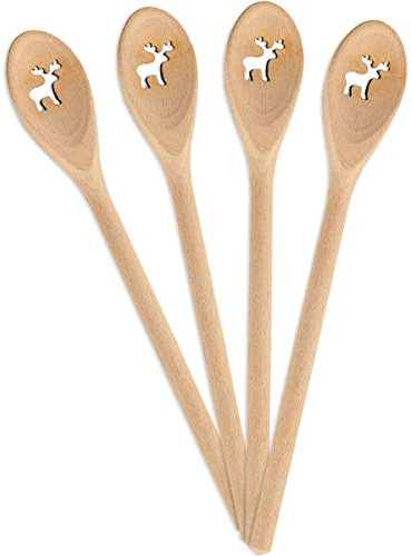 Spruchreif | 4er Set Gourmetlöffel aus Holz Rentier | Mini Holzlöffel | Tolle Deko-Idee & Geschenkanhänger für Weihnachten