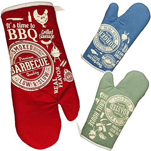 alles-meine.de GmbH Topfhandschuh - Barbeque & Grill - Farb-Mix - 100% Baumwolle - mit extra Langen Schaft/Topflappen - für die Küche Grill - Grillhandschuhe - Topfhandschuhe ..