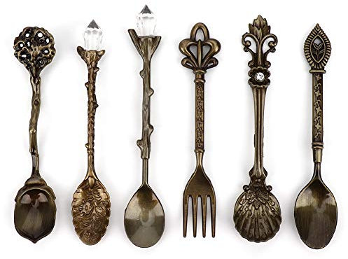 6 pièces/ensemble Vintage cuillère à café sculpté cuillère à café rétro en alliage de Zinc Dessert vaisselle à café cuillères couverts cuisine(Bronze vert)