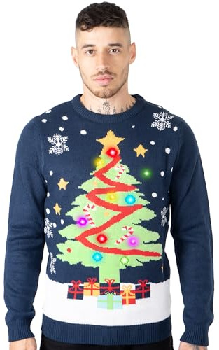NOROZE Unisex Men's LED Christmas Jumper Gift Tree Elf Santa Xmas Jumpers Sweater Long Sleeve Pullover Top LED Lights Jumper for Men Women UK Sizes S-XXL