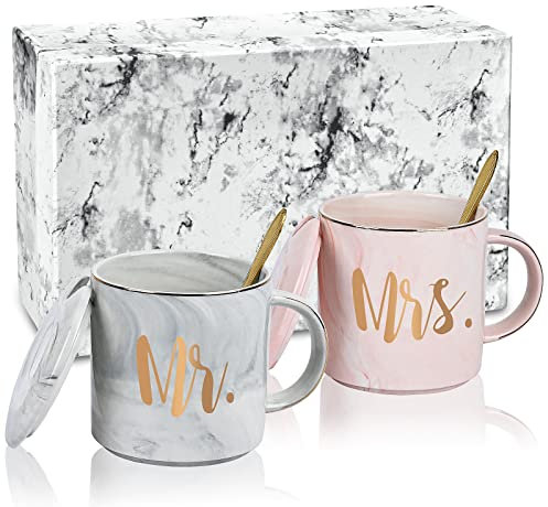 Joymaking 12 oz Mr & Mrs Coffee Mug Sets, Wedding Gifts for Bride and Groom Engagement New Home Gifts for Couples Friends Parents, Anniversary Wedding Gifts for Her, Set of 2 (Pink, Grey)
