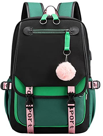 SellerFun Teenage girls' Backpack Middle School Students Bookbag Outdoor Daypack With USB charge Port (4# Green Black, 21 Liters)