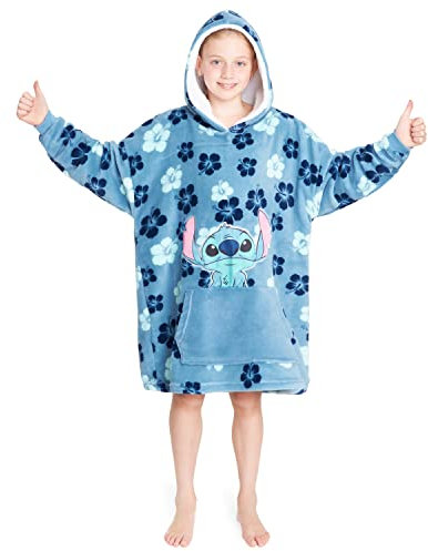 Disney Stitch Kapuzenpullover Mädchen, Übergroße Hoodie Decke Kinder mit Sherpa-Kapuze und Kängurutasche One Size (Blau Tropisch)