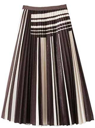KLTOPZAN Vintage Gestreift Midi Langer Rock für Frauen Herbst Casual Elegant A Linie Hohe Taille Plissee Mittellanger Rock, braun, Einheitsgröße