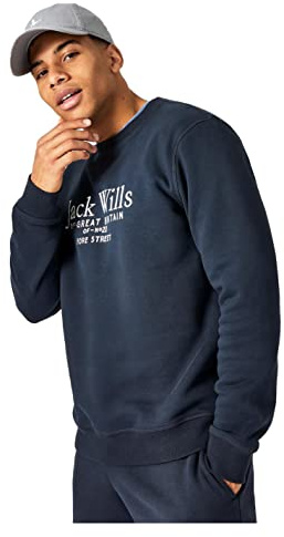 Jack Wills Mens Belvue Graphic Logo Crew Neck Sweatshirt Sweater T Shirt Top Navy M