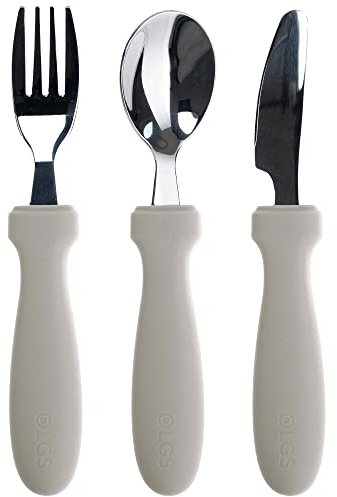 OLGS Silikon Besteck Edelstahl Kinderbesteck 3-teilig | Esslernbesteck, Babybesteck Babylöffel Baby Gabel Löffel Esslernlöffel Greige | Lernlöffel, Babygabel Kindergeschirr Fütterungslöffel für Kinder