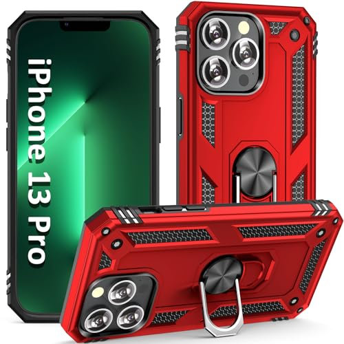 ADDIT iPhone 13 Pro Case with Kickstand Ring, Magnet Car Mount, Military Grade, Heavy Duty, Red