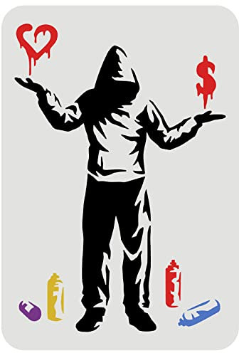 FINGERINSPIRE Banksy Schablone Liebe oder Geld 29.7x21cm Banksy Hoodie Mann Muster Zeichnung Schablone Mann Graffiti Schablone Sprühdosen Vorlage Banksy Schablone für Malerei auf Wand Möbel Holz
