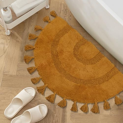 Boho-Badezimmerteppiche mit Quasten, handgewebte Baumwollmatte, halbrund, Badematte, rutschfest, waschbar, Boho-Badematte, Teppich für Badezimmer, Dusche, Badewanne, 50,8 x 81,3 cm, Senf…