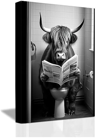 LZIMU Lustige Badezimmer Wanddekoration Highland Kuh die auf der Toilette sitzt und Zeitung liest Leinwand Kunstdrucke Schwarz Weiß Tiere Poster (E, 28.00 x 35.00 cms)