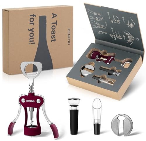 Beneno Multifunctional Wine Bottle Opener Gift Set - Wing Corkscrew, Foil Cutter, Vacuum Stopper & Aerator Pourer, Perfect for Wine Lovers Man Woman, Purple Set