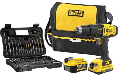 Stanley - FatMax V20 Akku-Schlagbohrschrauber (18V, max. Drehmoment 50 Nm, 2-Gang Planetengetriebe, LED-Licht, inkl. 50-tlg. Zubehörset, 2x Akku & Werkzeugtasche)
