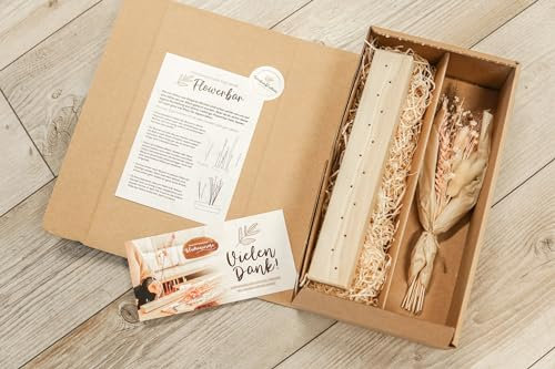 Flowerbar in Geschenkverpackung Natur | 30 cm Blumenleiste, Flowergram, Getrocknete Blumen und massives Eichenholz, Dekoration, Geschenk (Gold Richtig)