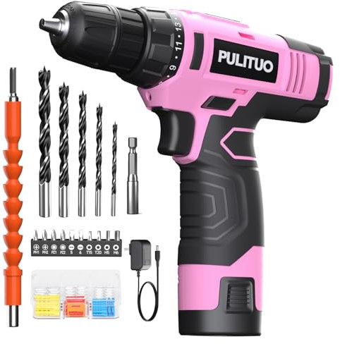 PULITUO 12V Pink Cordless Drill Set Power Drill Kit with Battery and Charger,Electric Drill Home Improvement,3/8-Inch Keyless Chuck,Built-in LED,21+1 Torque Setting Small Drill