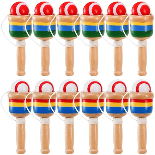 Cididu 12 Pcs Wooden Catch Ball Game, Mini Wood Ball Catching with String Cup, Vintage Catch Toys for Kids, Novelty Fun Party Games for Lawn Camping Beach, Hand Eye Coordination Educational Game
