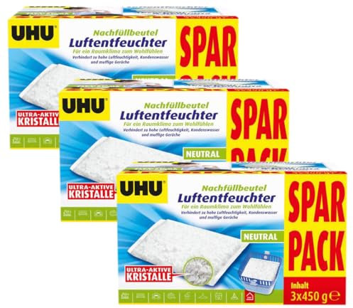 UHU Luftentfeuchter Nachfüllbeutel, 3 x 450 g, Verhindert Feuchtigkeit und muffige Gerüche, Ideal für Wochenendhäuser, Badezimmer, Keller, etc.