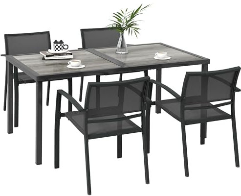 Outsunny 5 TLG. Sitzgruppe Gartenmöbel-Set, Gartengarnitur mit 1 Esstisch, 4 stapelbaren Stühlen, Sitzgarnitur, für Terrasse, Mesh, Dunkelgrau
