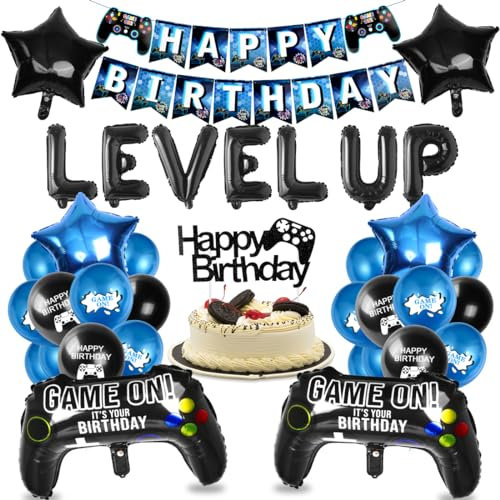 Videospiel Geburtstag Deko Set, XXL Gaming Controller Folienballons mit Girlande, Gamer Party Kindergeburtstag, Luftballons Spiel Blau Schwarz für Spielthemen Party Geburtstag Dekoration Junge