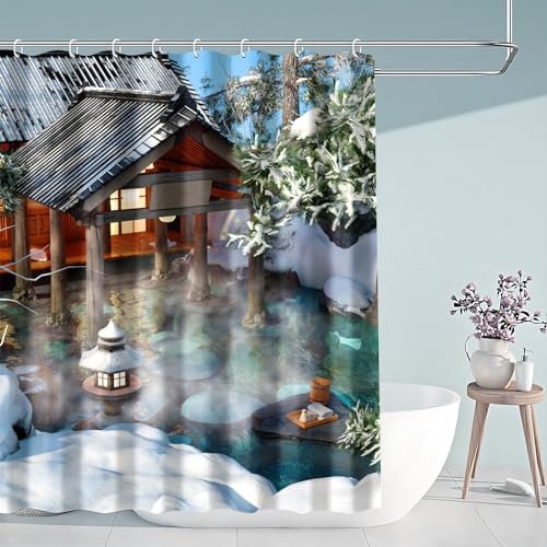 Aitsite Rideau de douche - Anti-moisissure - Pour baignoire - En textile - Motif sources chaudes - Lavable - Imperméable - Avec 12 anneaux de rideau de douche (180 x 180 cm)