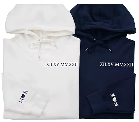 Eiennoai Benutzerdefinierte gestickte römische Zahl Hoodies, passende Hoodies für Paare, benutzerdefinierte Hoodies Design Ihre eigenen, personalisierte Haustier Gesicht Sweatshirt