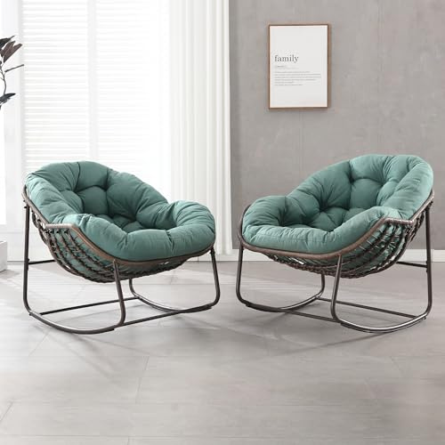 Villeston Outdoor Patio Schaukelstuhl-Set aus 2, Überdimensionierter Papasan-Chair für Innen mit Gepolstertem Kissen - Ei-Schaukelstuhl für Wohnzimmer, Veranda, Garten, Terrasse, Hinterhof