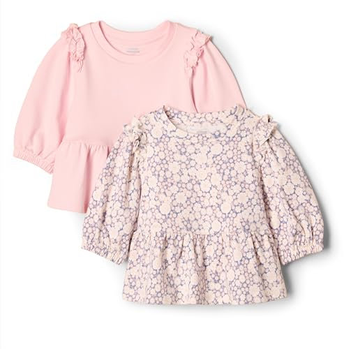 Amazon Essentials x Sofia Grainge Toddler Girls' 3/4 Sleeve Knit Top, Pack of 2, Delicate Floral/Pink, 4T