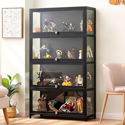Hynbdes Glasvitrine, Wohnzimmervitrine, Vitrine, robuste Struktur, dicht und staubdicht, geeignet für Verschiedene Szenarien (4 Etagen schwarz 80 * 33 * 140 transparent auf 3 Seiten)