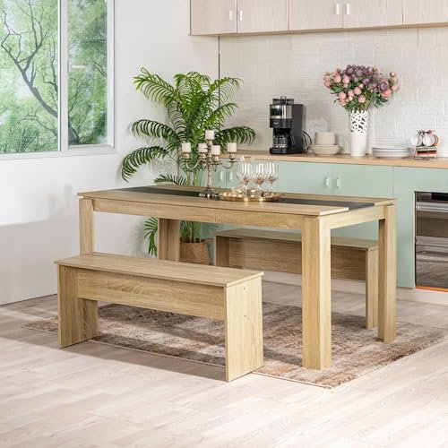 FURNITABLE Esstisch mit 2 Bänken, 3er-Set, Küchentisch 160x80x75cm,2 Bänke je 90x30x45 cm,Esszimmergruppe Eiche + Schwarz
