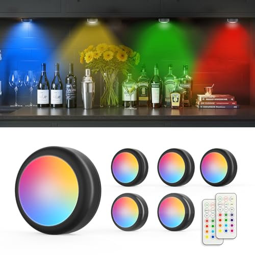 Moman 6 Pack Under Cabinet Lights, 13 Changing Colors LED Puck Lights with Remote Control, Dimmable Battery Operated Timer Stick on Light for Party, Under Cupboard, Wardrobe, Kitchen (T025 Black)