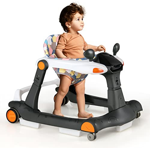 GOPLUS 2 in 1 Faltbarer Lauflernhilfe, Höhenverstellbare Lauflernwagen mit Licht, Musik & Einstellbarer Geschwindigkeit, Babywalker mit Geräuschlose Räder für Kinder 6-18 Monate (Schwarz)