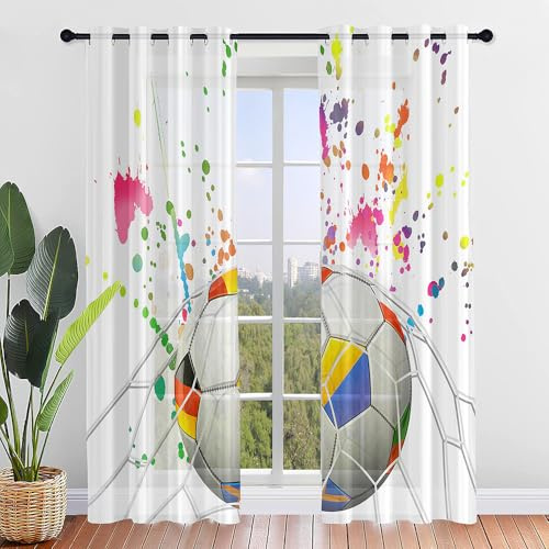 FANSU 2er Set Scheibengardinen Fußball Druck Halbtransparent Bistrogardine, Schlaufengardinen Gardinen Küche Türgardine für Wohnzimmer, Schlafzimmer, Hotel (140x160cm,Fußball 4)