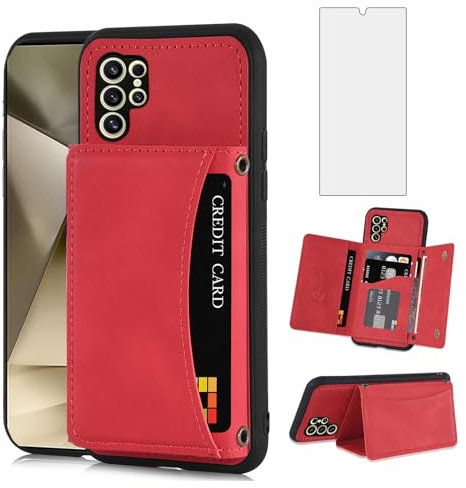 Asuwish Handyhülle für Samsung Galaxy S24 Ultra 5G Hülle mit Glas Folie Schutzfolie Kartenfach Klappbar Leder Geldbörse Ständer S24Ultra 24S S 24 24Ultra Handy Hüllen Schutzhülle Cover Phone Case Rot