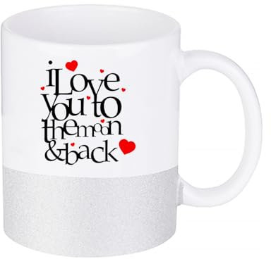 I Love You to The Moon & Back,11oz Stoneware Glitter Mug, Coffee Mug. (Silver)