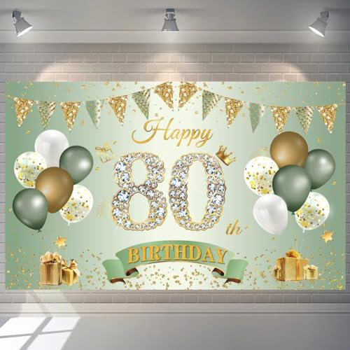 80. Geburtstag Banner Frauen Männer Deko Grün Gold 80 Hintergrund Banner 80 Jahre Geburtstagsbanner Extra Große Stoff Schild Poster für 80 Geburtstag Party Deko