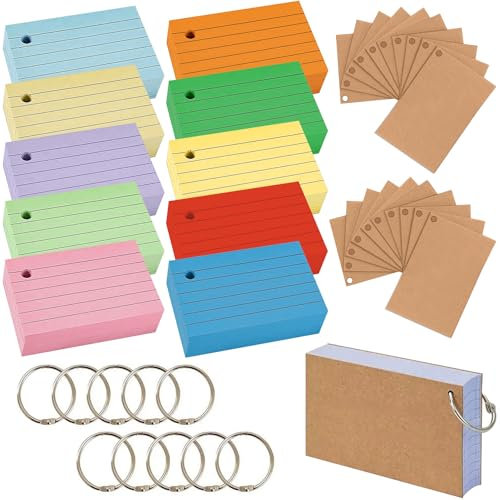 Forbabe 1000 Stück Linierte Karteikarten A8, Verdickter Lernkarten mit Ring, Bunt Karteikasten 10 Farben Karteikarte für Lernen Vokabel/Notizen/Formeln