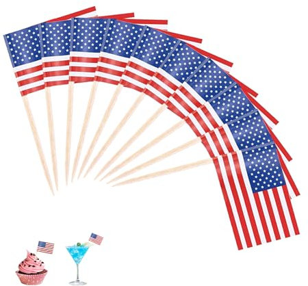 100 Stück Amerika Flagge Zahnstocher,USA Flagge,Amerika Deko Fahne Klein Mini Cupcake Topper,Zahnstocher mit Fähnchen,American Flag Cocktailstick,Cocktail Party Pub Dekoration für Fußball EM WM