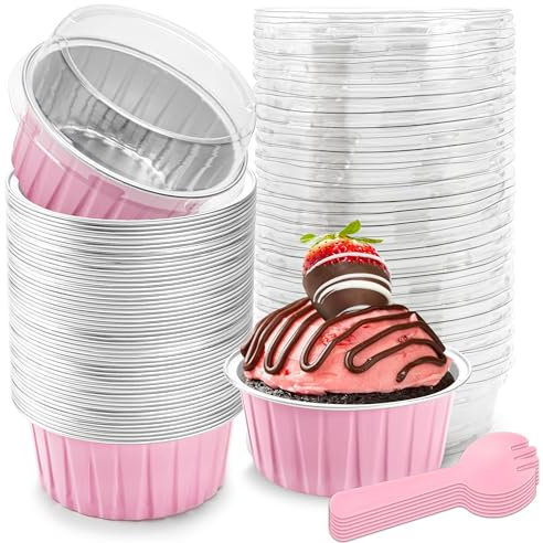 150ml Mini Loaf Tins with Lids Mini Loaf Cake Cases Aluminum Foil Baking Cups for Muffin Party Holiday Wedding Birthday(50 Pack, Pink)