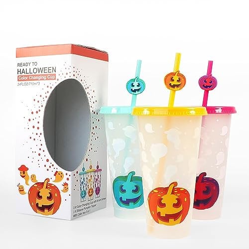 Hot Drink Cups with Lids Halloween Three Piece Layer Cold Changing Plastic Cup 710ML Funny Pumpkin Straw Set Plastic Water Cup Large (White, One Size)
